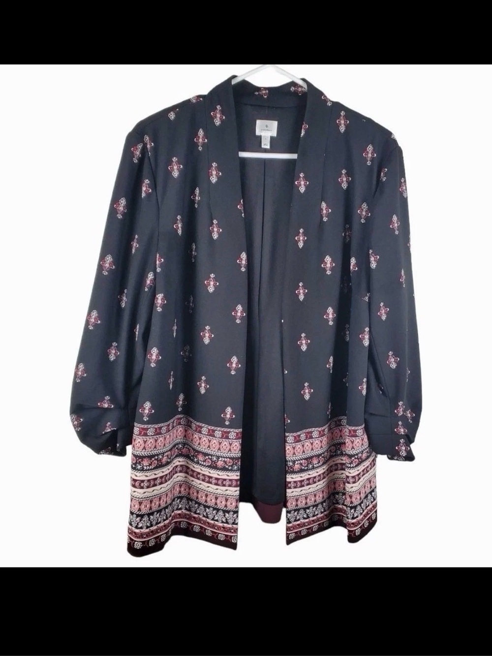 Dressbarn Womens Paisley Print Ruched 3/4 Sleeve Cardigan Black Size Large